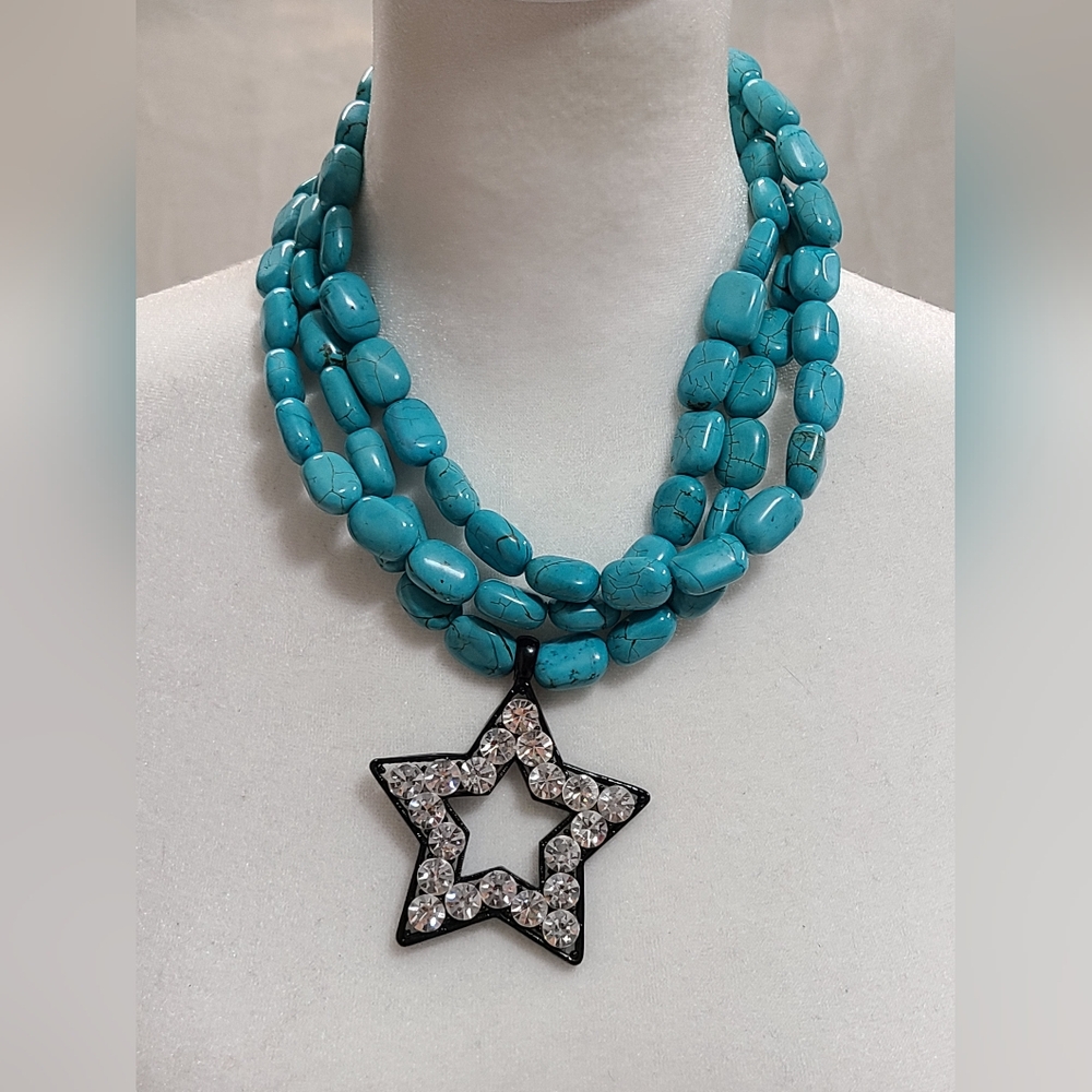 Multi Layer Turquoise Statement Necklace With Sta… - image 1